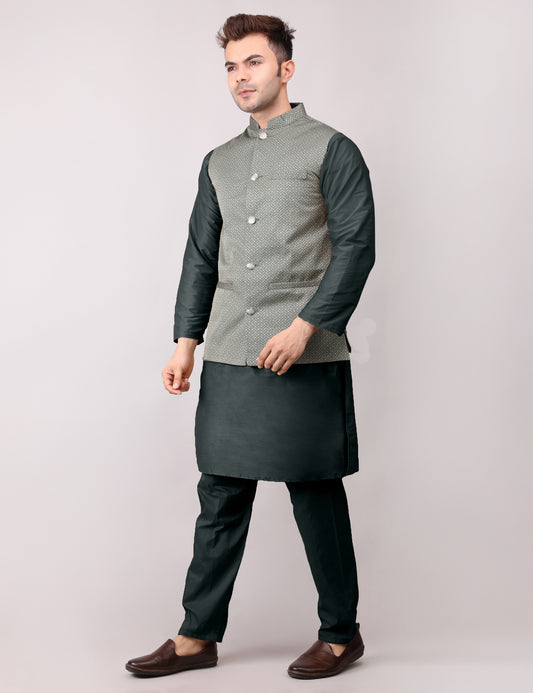 Men's Silk Blend Kurta Pajama with Designer Bundi Nehru Jacket/Waistcoat Royal Green