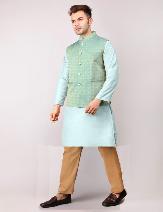 Men's Silk Blend Kurta Pajama with Designer Bundi Nehru Jacket/Waistcoat Green