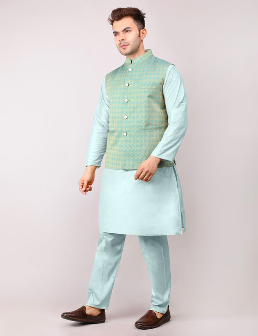 Men's Silk Blend Kurta Pajama with Designer Bundi Nehru Jacket/Waistcoat Green
