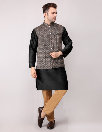 Men's Silk Blend Kurta Pajama with Designer Bundi Nehru Jacket/Waistcoat Black
