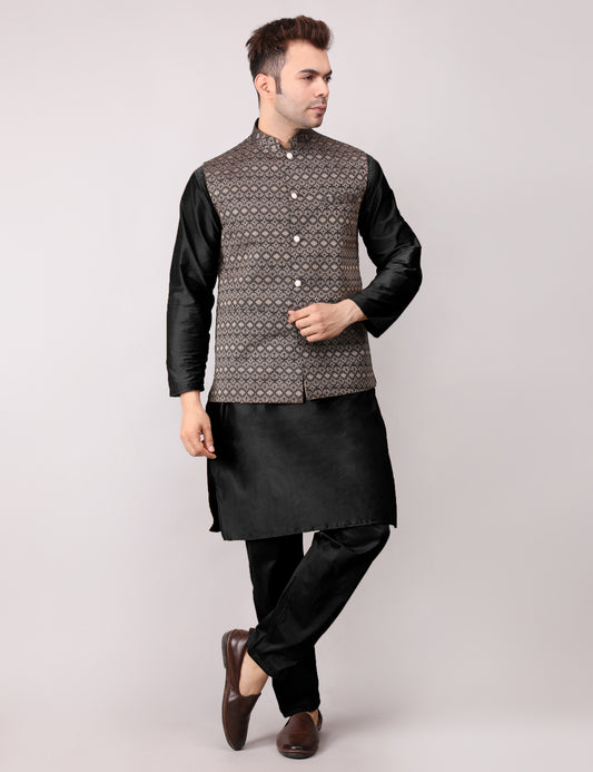 Men's Silk Blend Kurta Pajama with Designer Bundi Nehru Jacket/Waistcoat Black