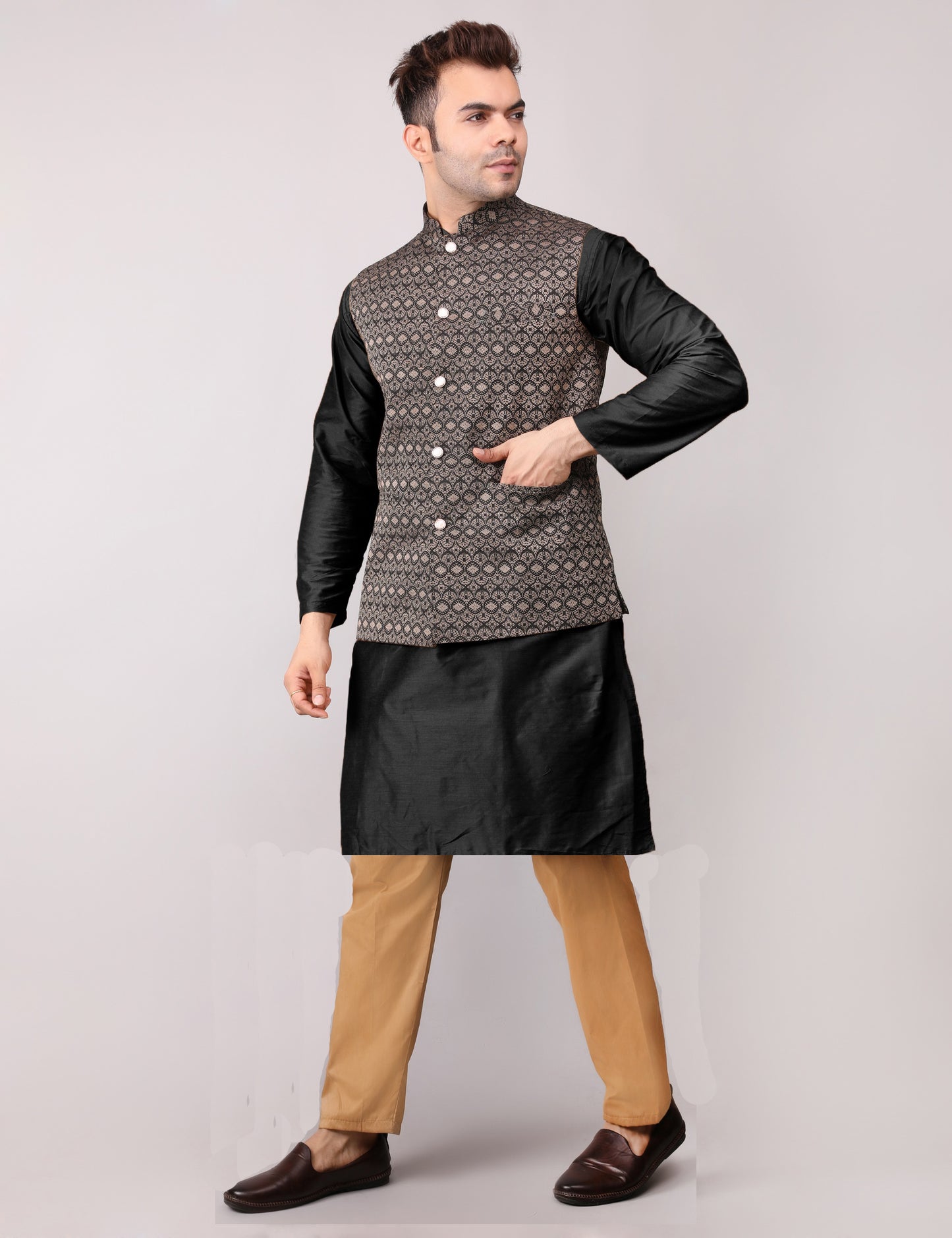 Men's Silk Blend Kurta Pajama with Designer Bundi Nehru Jacket/Waistcoat Black
