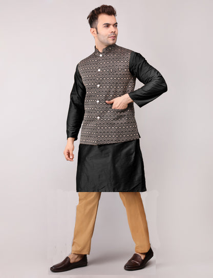 Men's Silk Blend Kurta Pajama with Designer Bundi Nehru Jacket/Waistcoat Black