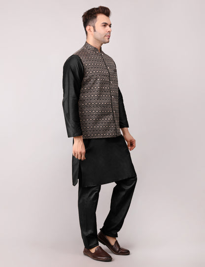 Men's Silk Blend Kurta Pajama with Designer Bundi Nehru Jacket/Waistcoat Black