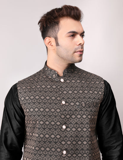 Men's Silk Blend Kurta Pajama with Designer Bundi Nehru Jacket/Waistcoat Black