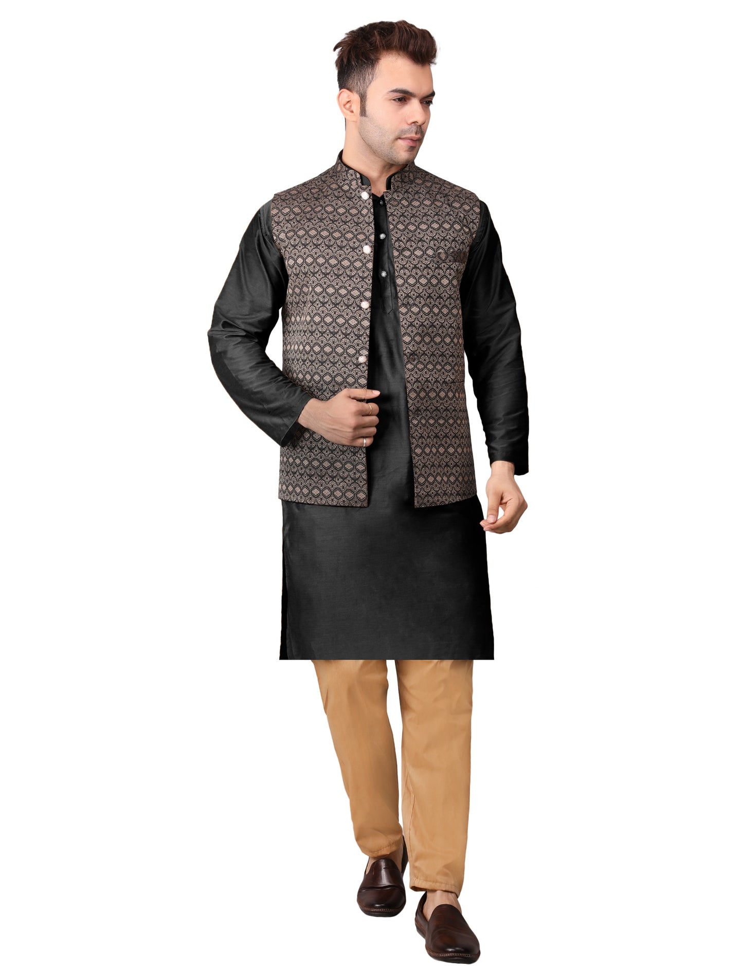Men's Silk Blend Kurta Pajama with Designer Bundi Nehru Jacket/Waistcoat Black