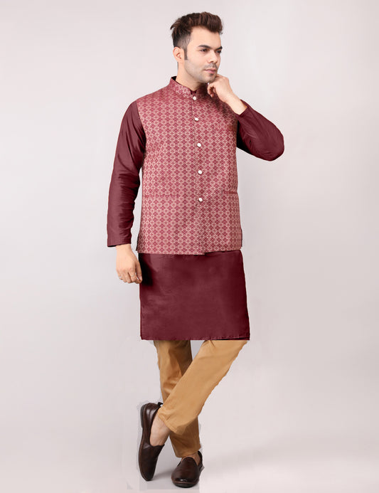 Men's Silk Blend Kurta Pajama with Designer Bundi Nehru Jacket/Waistcoat Maroon