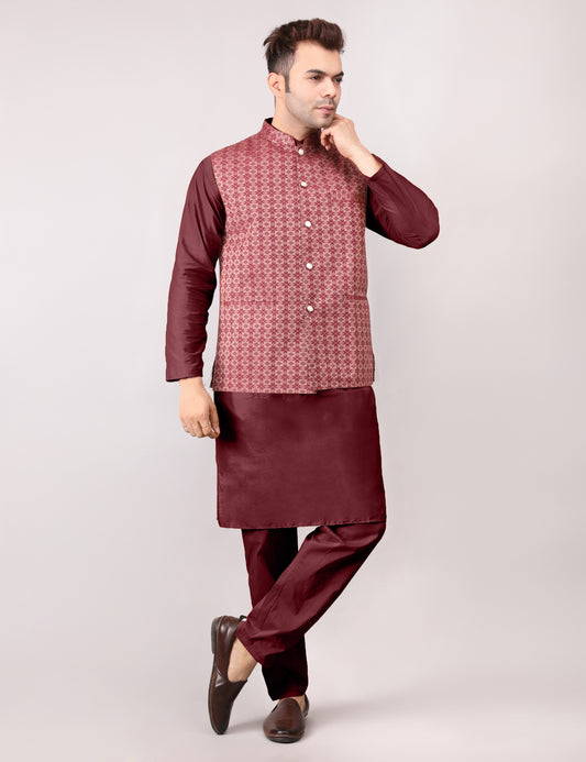 Men's Silk Blend Kurta Pajama with Designer Bundi Nehru Jacket/Waistcoat Maroon