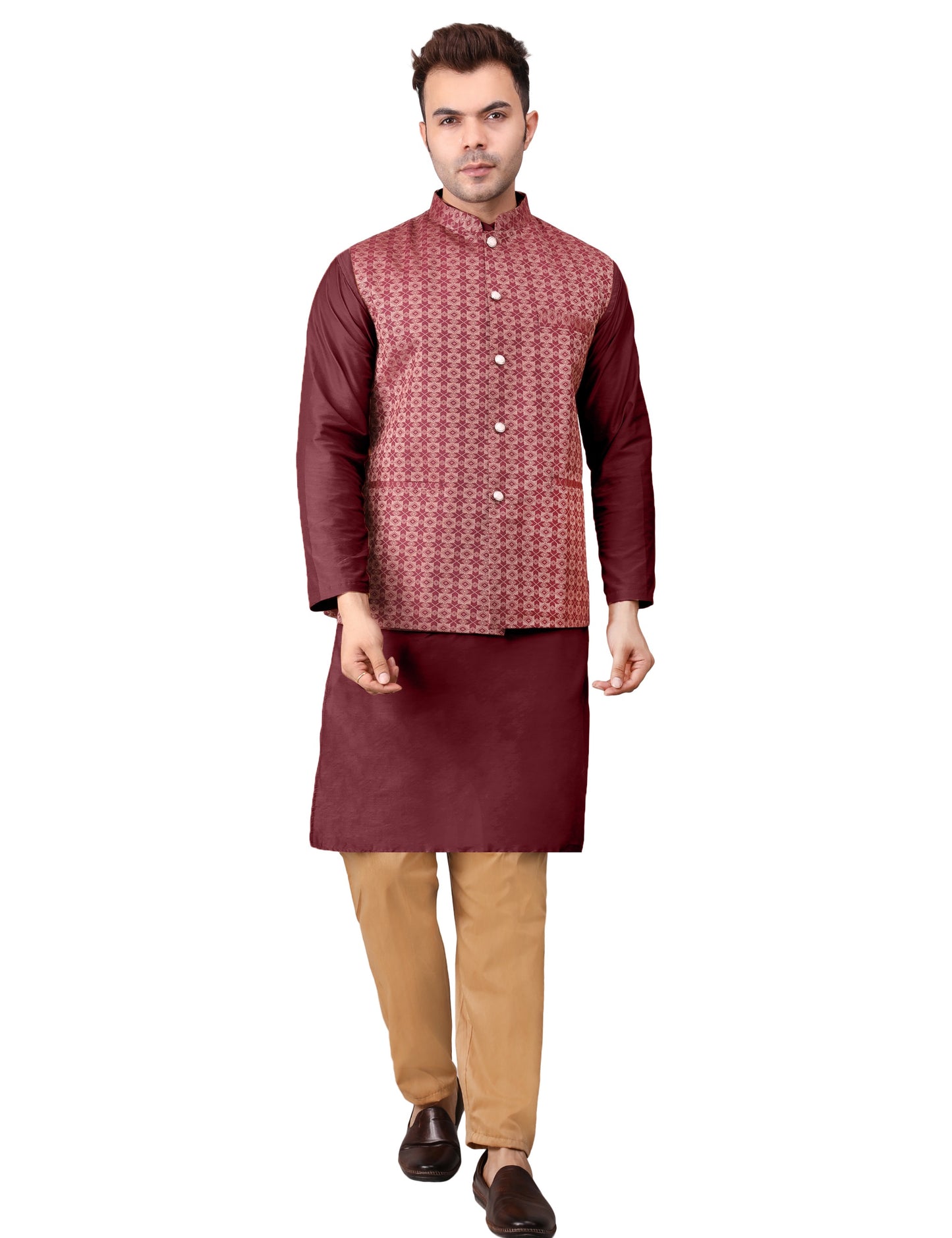 Men's Silk Blend Kurta Pajama with Designer Bundi Nehru Jacket/Waistcoat Maroon