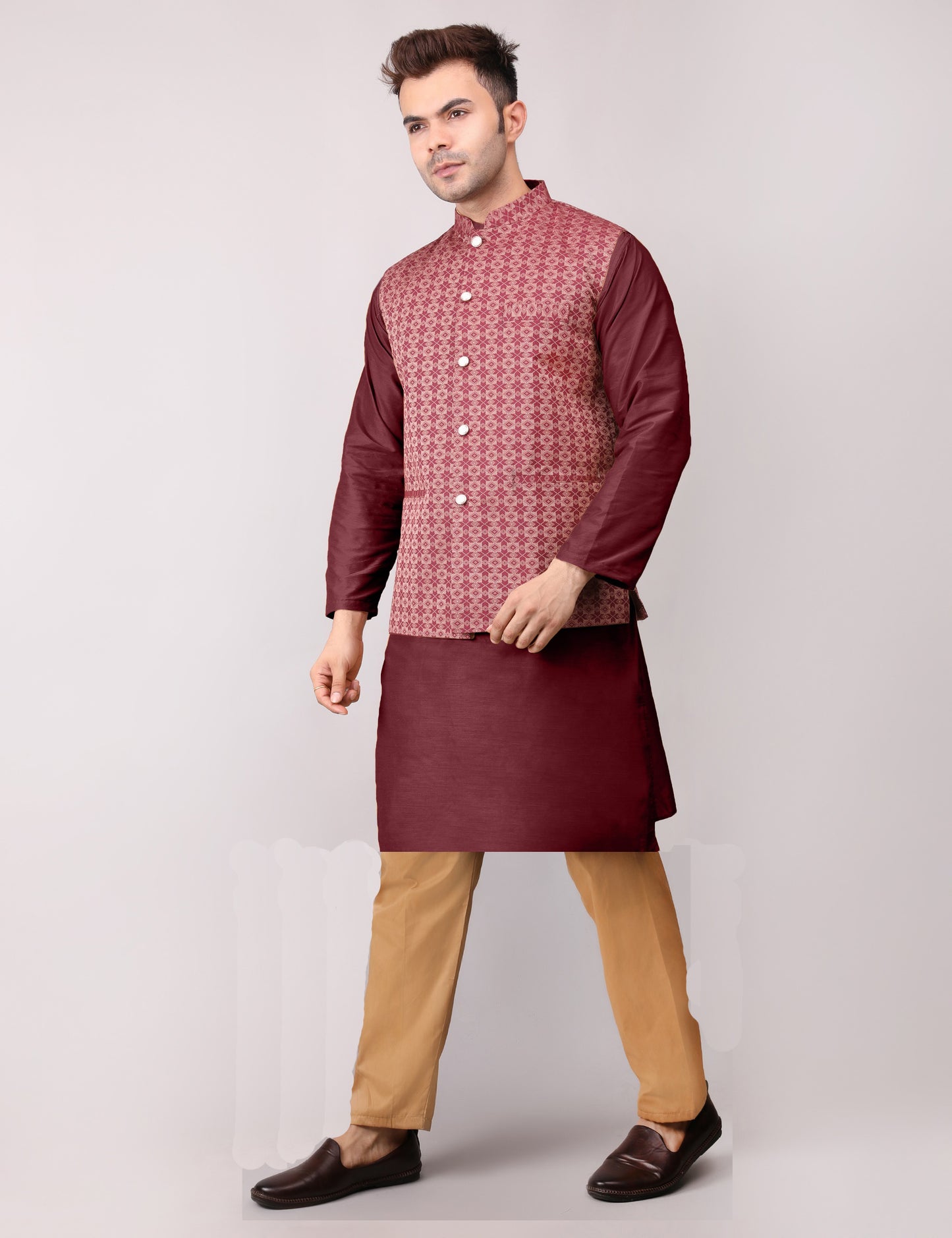 Men's Silk Blend Kurta Pajama with Designer Bundi Nehru Jacket/Waistcoat Maroon