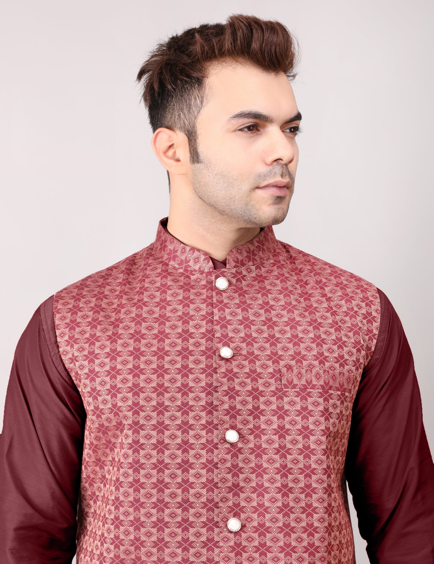 Men's Silk Blend Kurta Pajama with Designer Bundi Nehru Jacket/Waistcoat Maroon