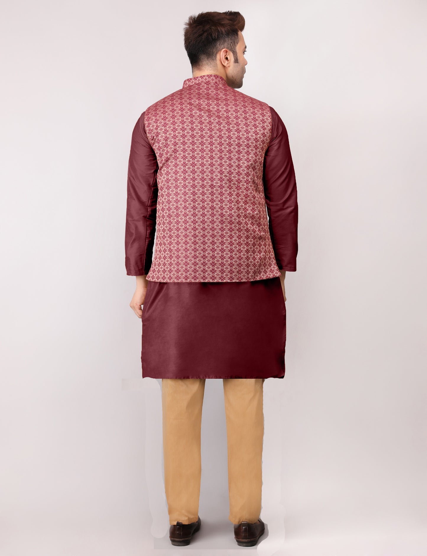 Men's Silk Blend Kurta Pajama with Designer Bundi Nehru Jacket/Waistcoat Maroon