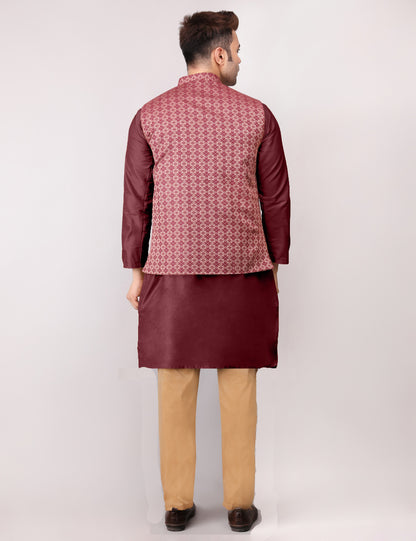 Men's Silk Blend Kurta Pajama with Designer Bundi Nehru Jacket/Waistcoat Maroon