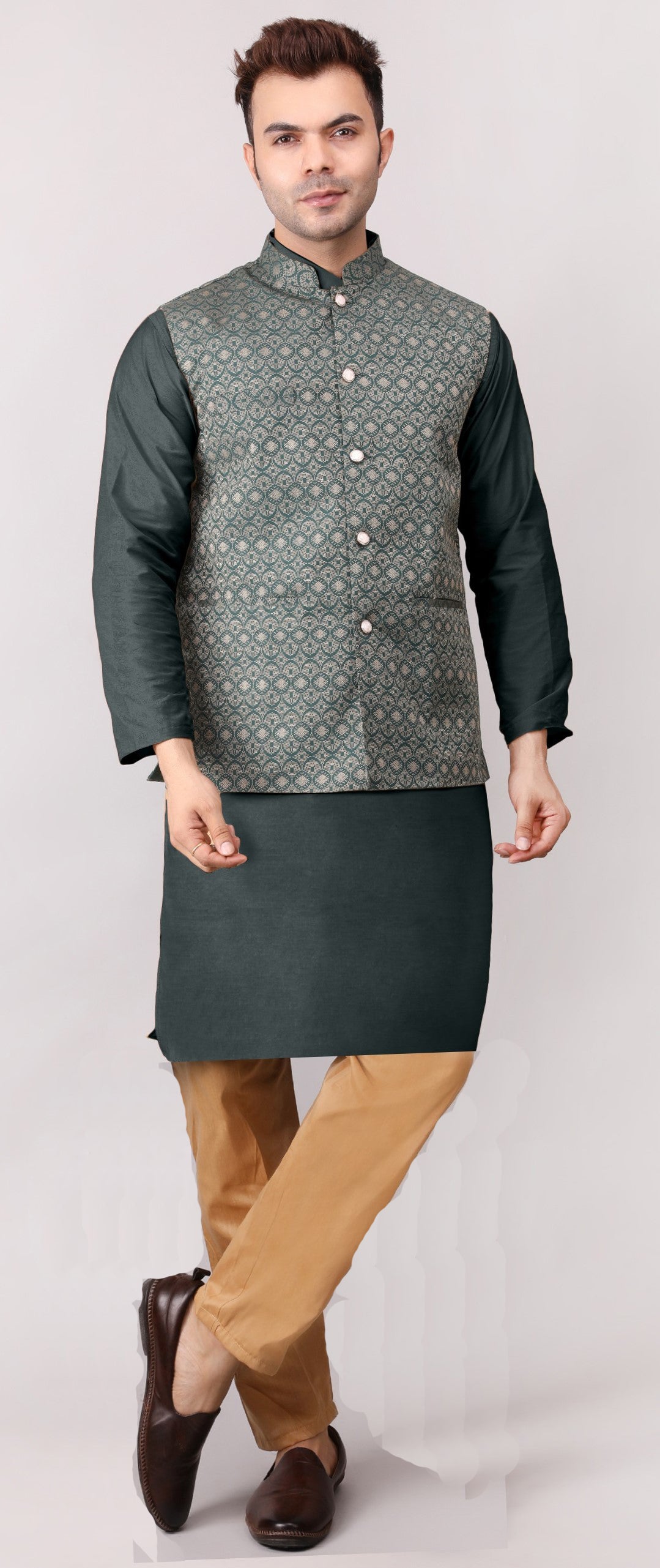 Men's Silk Blend Kurta Pajama with Designer Bundi Nehru Jacket/Waistcoat Dark Green