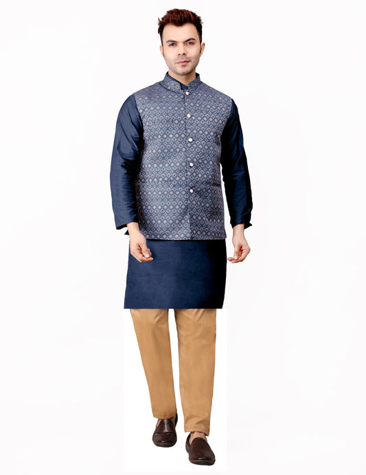 Men's Silk Blend Kurta Pajama with Designer Bundi Nehru Jacket/Waistcoat Dark Blue