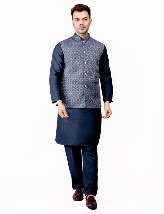 Men's Silk Blend Kurta Pajama with Designer Bundi Nehru Jacket/Waistcoat Dark Blue