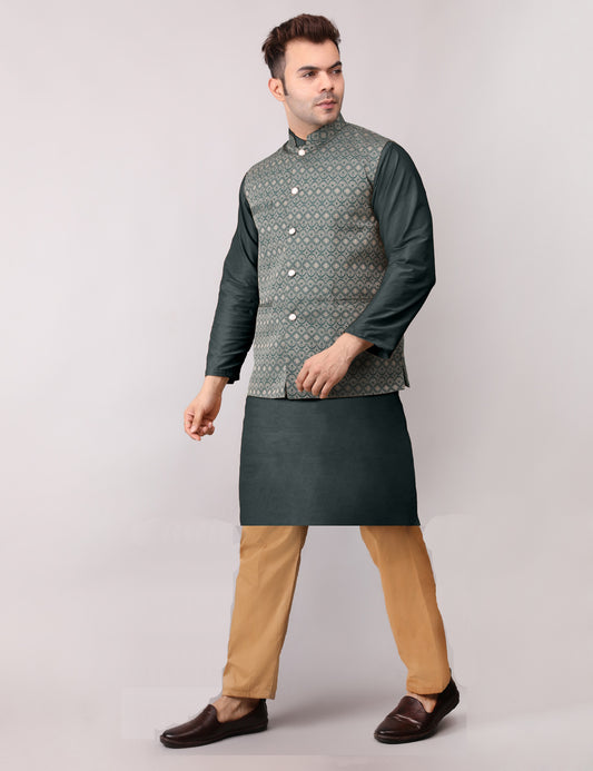 Men's Silk Blend Kurta Pajama with Designer Bundi Nehru Jacket/Waistcoat Dark Green