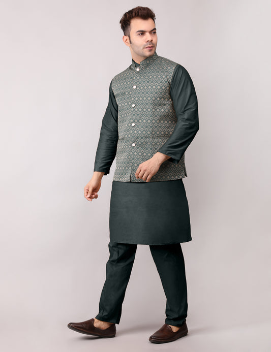 Men's Silk Blend Kurta Pajama with Designer Bundi Nehru Jacket/Waistcoat Dark Green