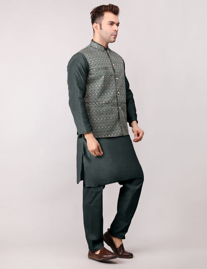 Men's Silk Blend Kurta Pajama with Designer Bundi Nehru Jacket/Waistcoat Dark Green
