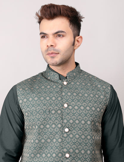 Men's Silk Blend Kurta Pajama with Designer Bundi Nehru Jacket/Waistcoat Dark Green