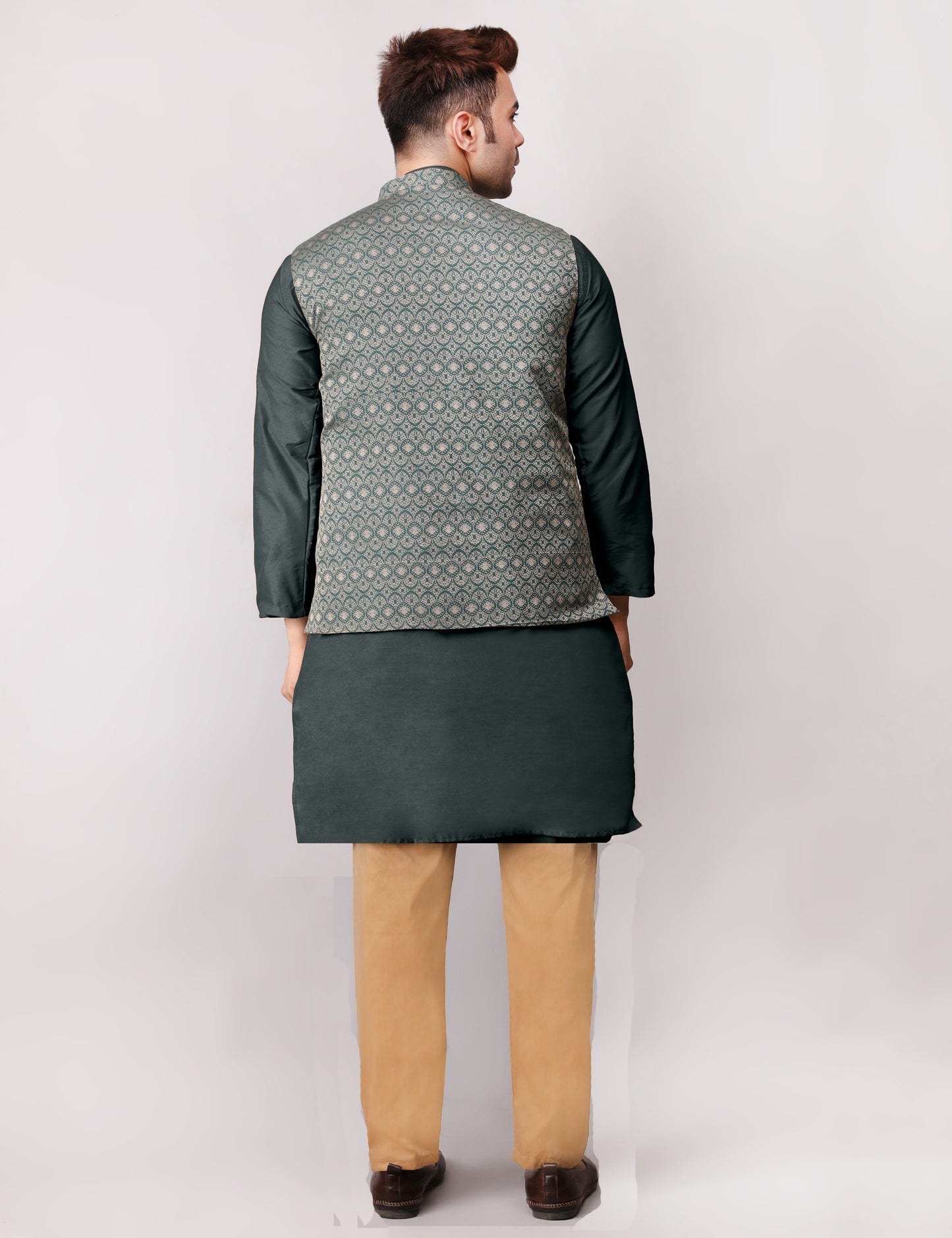 Men's Silk Blend Kurta Pajama with Designer Bundi Nehru Jacket/Waistcoat Dark Green