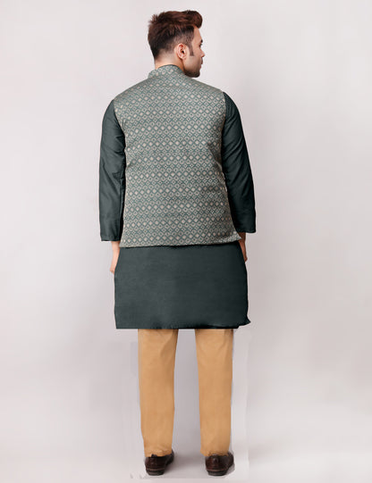Men's Silk Blend Kurta Pajama with Designer Bundi Nehru Jacket/Waistcoat Dark Green