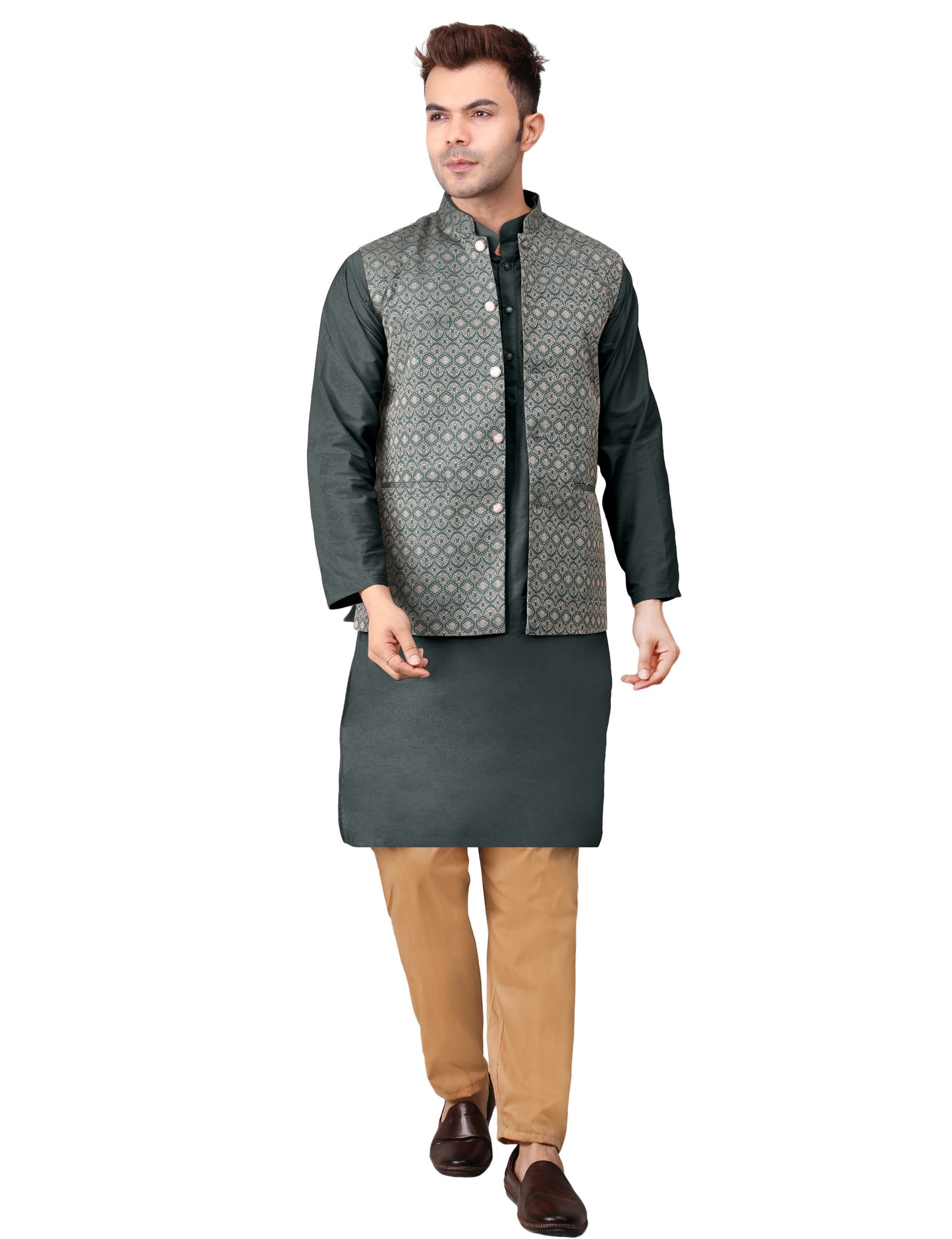 Men's Silk Blend Kurta Pajama with Designer Bundi Nehru Jacket/Waistcoat Dark Green