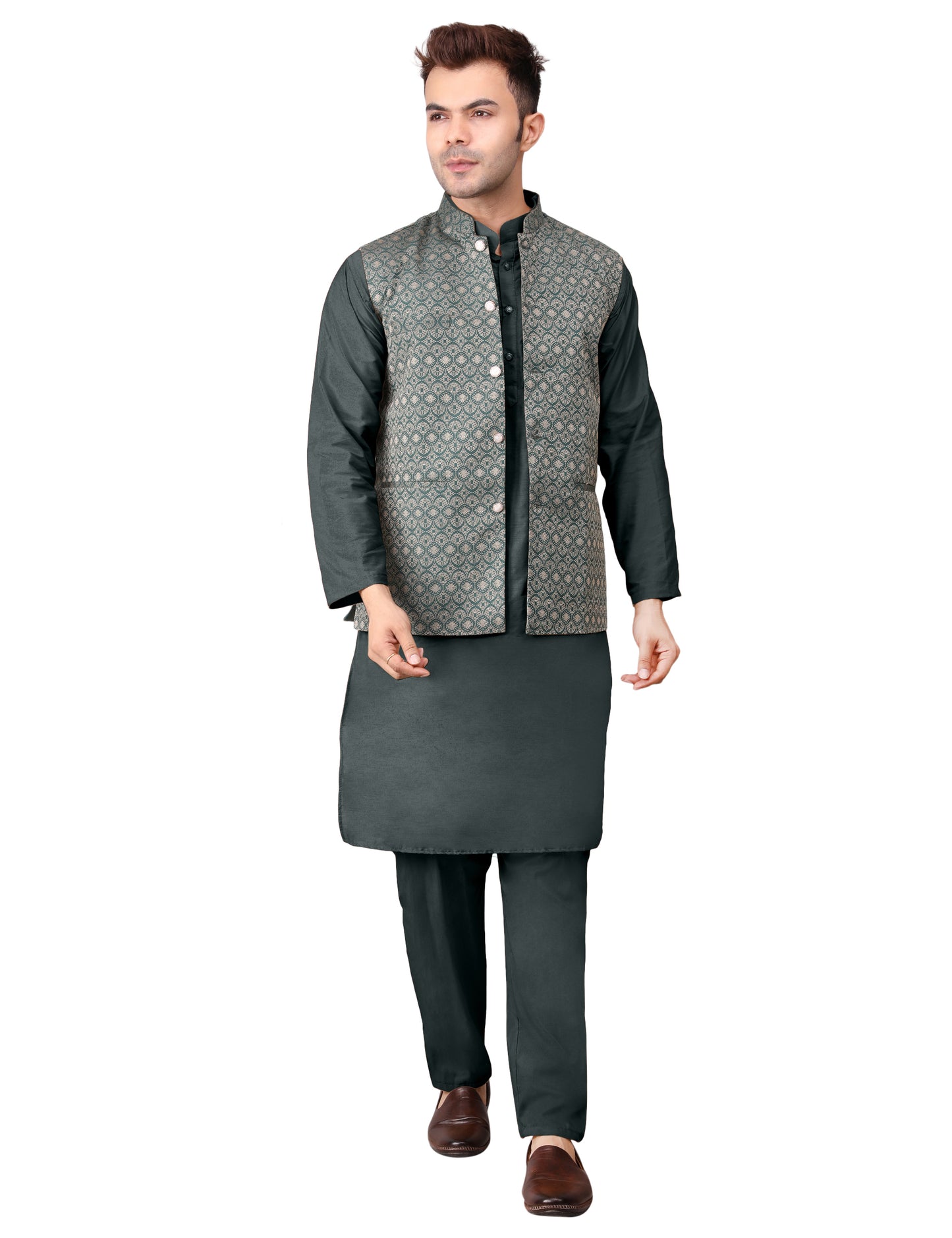 Men's Silk Blend Kurta Pajama with Designer Bundi Nehru Jacket/Waistcoat Dark Green