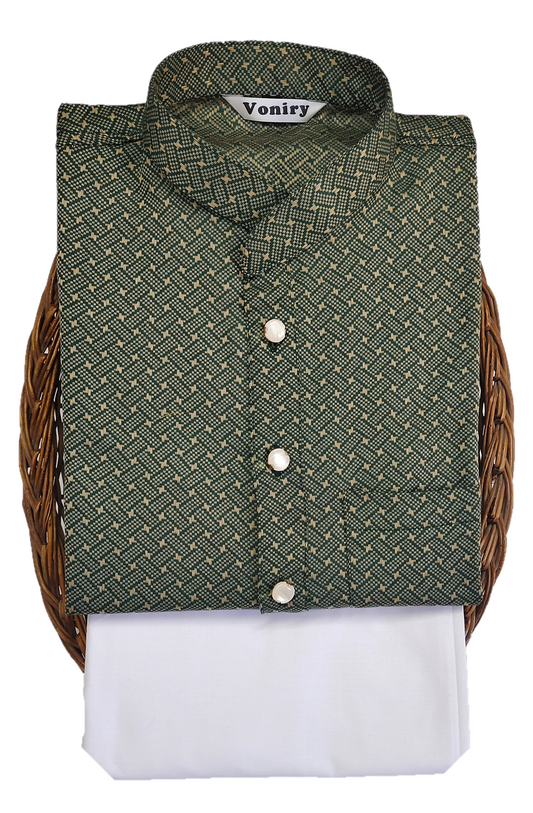 Men Royal Green Regular Full Sleeve Silk Cotton Kurta with White Pajama Set