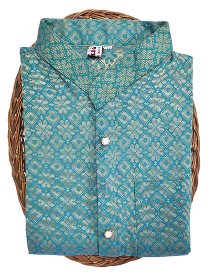 Men Light Blue Regular Full Sleeve Silk Cotton Kurta with Golden Pajama Set