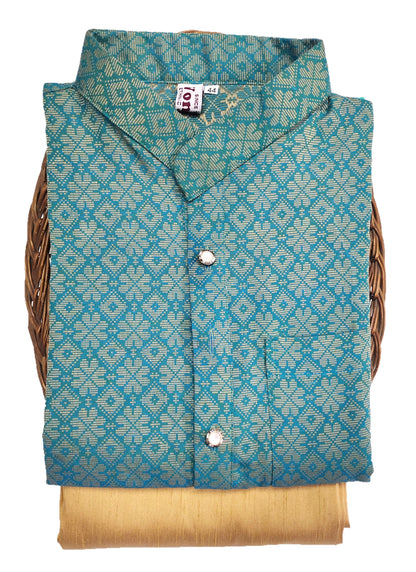 Men Light Blue Regular Full Sleeve Silk Cotton Kurta with Golden Pajama Set